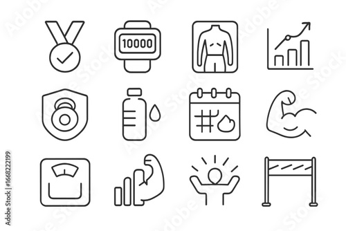 Fitness Milestone Icons. Outline icon set of fitness milestones: 5K medal, step tracker, progress photo,