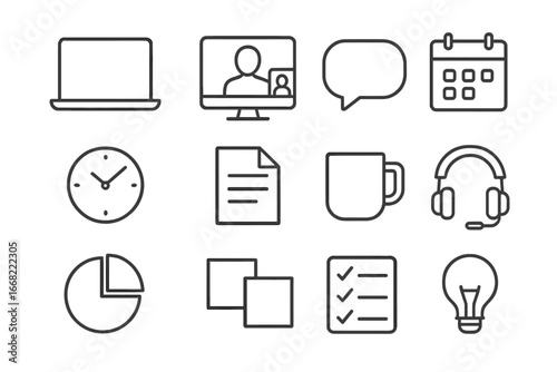 Remote Collaboration Icons. Outline icon set of remote team collaboration: laptop, video call screen, chat