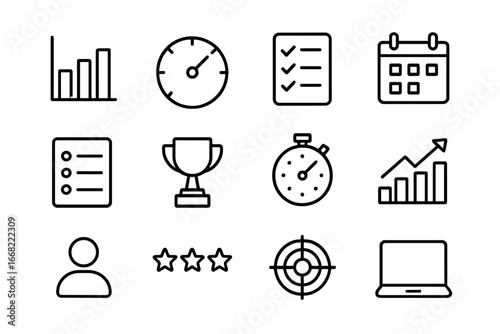 Remote Performance Icons. Outline icon set of remote performance tracking: bar chart, progress meter,