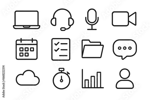 Remote Leadership Tools. Outline icon set of remote leadership tools: laptop, headset, microphone, video