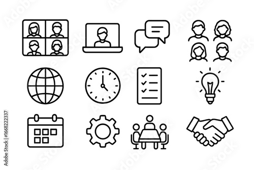 Remote Team Icons. Outline icon set of remote diverse teams: video call screen, laptop, chat bubbles, diverse