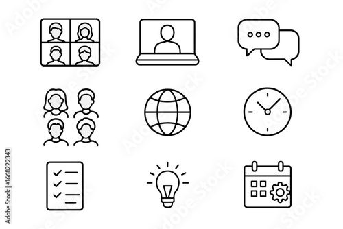 Remote Team Icons. Outline icon set of remote diverse teams: video call screen, laptop, chat bubbles, diverse