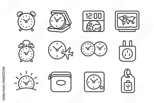 Travel Clock Icons. Outline vector icons of travel alarm clocks: compact clock, folding case, digital world