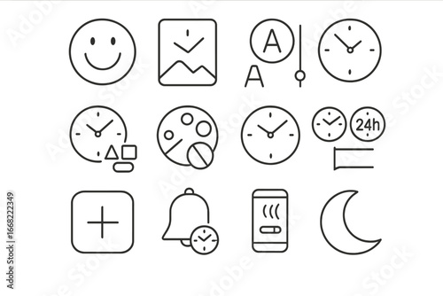 Clock Customization Icons. Outline vector icons of clock customization tools: change face skin, background