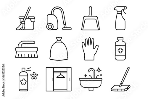 Cleaning Icon Set. Outline icon set of cleaning before long-term vacancy: mop bucket, vacuum cleaner, dustpan,