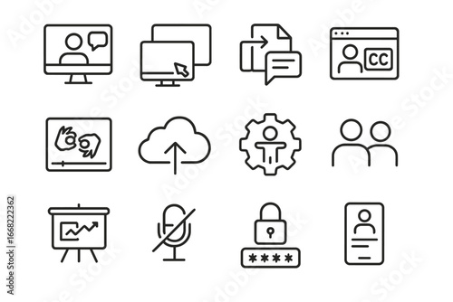 Remote Tech Icons. Outline icon set of remote assistive technology: video call, remote desktop icon, shared