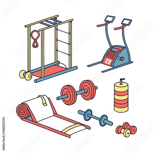 Fitness equipment isometric vector set

