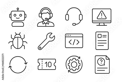 Remote Tech Support Icons. Outline icon set of remote tech support: chatbot icon, support agent, headset,