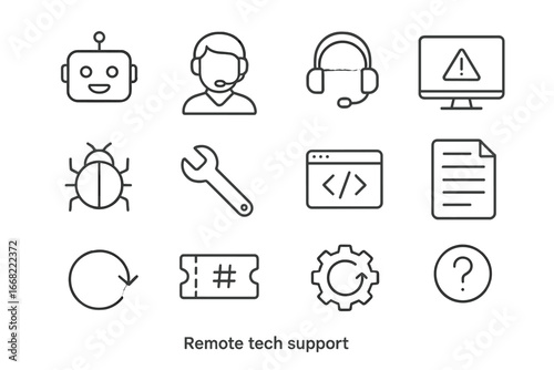 Remote Tech Support Icons. Outline icon set of remote tech support: chatbot icon, support agent, headset,