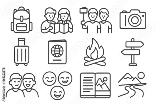 Travel Adventure Icons. Outline vector icons of friends traveling together: backpack, map, group selfie,
