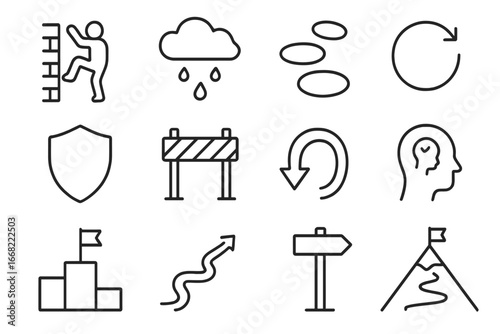 Resilience Icons Grid. Outline vector icons of resilience and persistence: wall climb, storm cloud, stepping