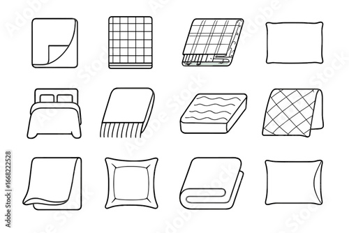 Bedroom Textile Icons. Outline vector icons of bedroom textiles: cotton sheet, linen fabric, flannel blanket,