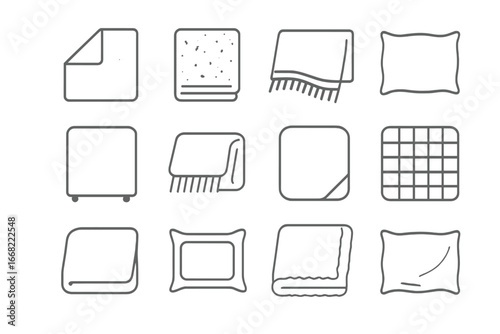 Bedroom Textile Icons. Outline vector icons of bedroom textiles: cotton sheet, linen fabric, flannel blanket,