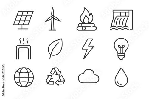 Renewable Energy Icons. Outline icon set of renewable energy mix: solar panel, wind turbine, biomass icon,