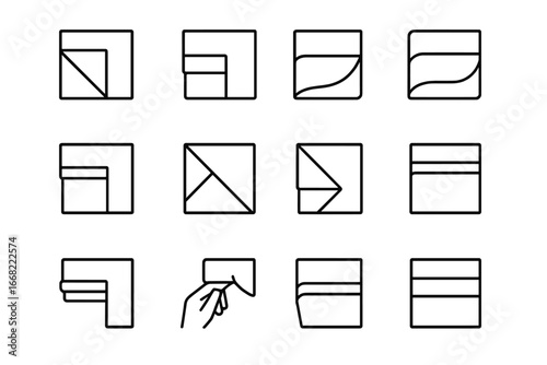 Bed Corner Icons Grid. Outline vector icons of bed corner techniques: hospital fold, envelope tuck, French
