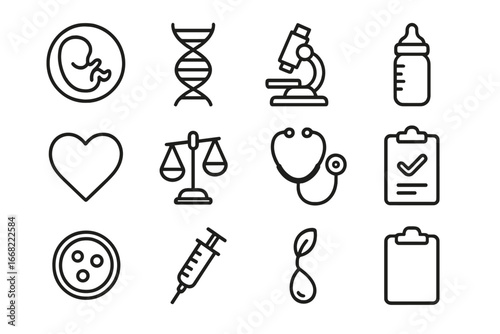 Reproductive Ethics Icons. Outline icon set of reproductive technology ethics: embryo, DNA strand, microscope,