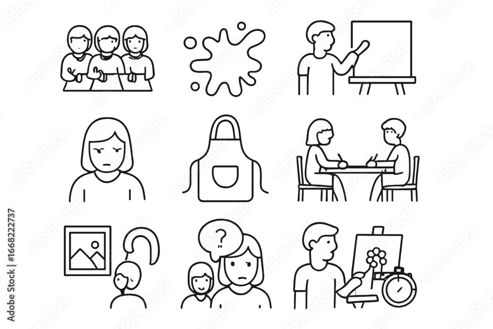 Fototapeta premium Art Workshop Icons. Outline vector icons of students at art workshops: group drawing, paint splatter,