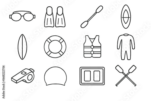 Water Sports Icons. Outline vector icons of water sports equipment: goggles, fins, paddle, kayak, surfboard,