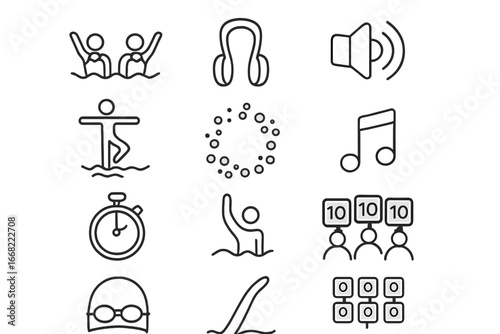 Synchronized Swimming Icons. Outline vector icons of synchronized swimming: duet icon, nose clip, underwater