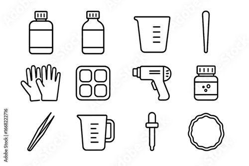Resin Craft Icons. Outline icon set of resin crafts: resin bottle, hardener, mixing cup, stir stick, gloves,