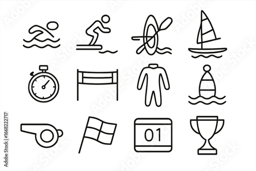 Water Sports Icons. Outline vector icons of water sports competitions: swimming lane, diving board, kayak,