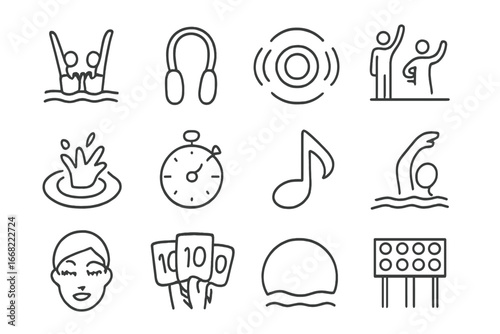 Synchronized Swimming Icons. Outline vector icons of synchronized swimming: duet icon, nose clip, underwater
