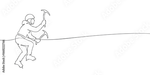 Ice climber with helmet and crampons using two ice axes. Minimalist continuous line vector illustration. Winter sport and Olympic Winter Games climbing concept.