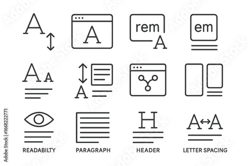 Responsive Typography Icons. Outline icon set of responsive typography: font size, viewport width, rem units,