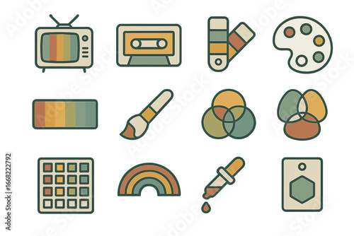 Retro Color Icon Set. Outline icon set of retro color palettes: vintage TV, cassette tape, paint swatch,