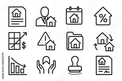 Mortgage Law Icons. Outline vector icons of mortgage law and financing: mortgage form, lender icon, loan term,