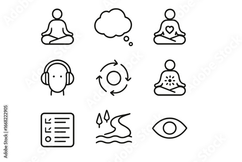 Mindfulness Icon Grid. Outline vector icons of mindfulness and reflection: lotus pose, thought cloud, heart