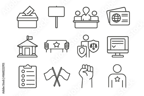 Diaspora Icons Grid. Outline vector icons of political engagement from diaspora: ballot box, protest sign,
