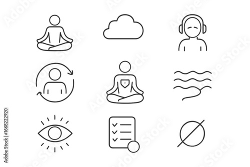 Mindfulness Icon Grid. Outline vector icons of mindfulness and reflection: lotus pose, thought cloud, heart