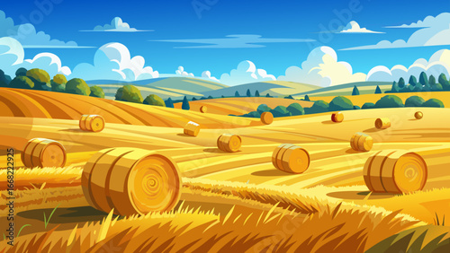 Golden Hay Bales in a Sunny Field
Hay bales shimmer like suns across rolling meadows, blue sky crowns harvest’s triumph, warmth radiates through quiet fields, celebrating rural life’s eternal cycle of