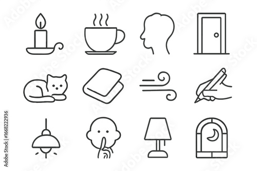 Introspective Evening Icons. Outline vector icons of introspective evenings: burning candle, warm drink,