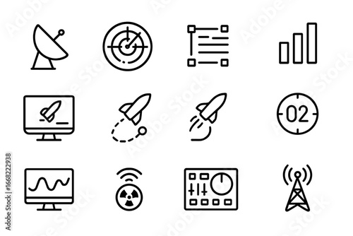 Rocket Launch Icon Set. Outline icon set of rocket launch telemetry data: satellite dish, radar screen,