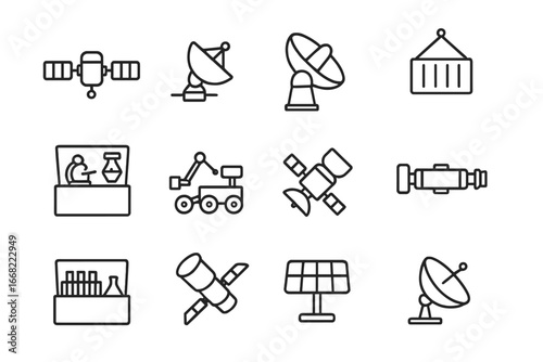 Rocket Payload Icon Set. Outline icon set of payloads launched by rockets: satellite, space probe, telescope,
