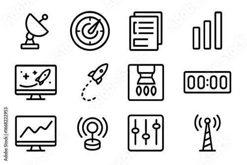 Rocket Launch Icon Set. Outline icon set of rocket launch telemetry data: satellite dish, radar screen,