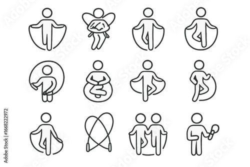 Jump Rope Icons. Outline vector icons of jump rope styles and tricks: side swing, EB cross, double under,