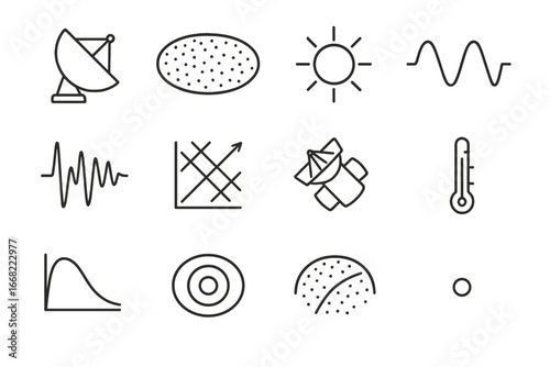 Cosmic Radiation Icons. Outline vector icons of cosmic background radiation studies: microwave detector, early