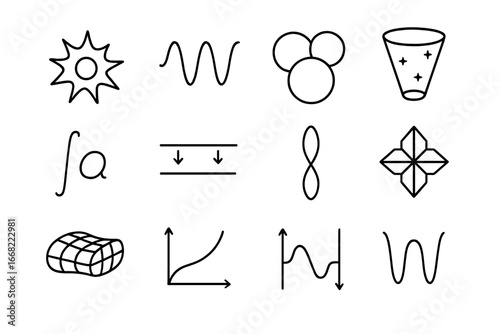 Cosmology Vector Icons Grid. Outline vector icons of theoretical cosmology: big bang icon, inflation wave,