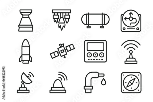 Rocket Tech Icon Set. Outline icon set of rocket launch technology: rocket engine, thruster, fuel tank,