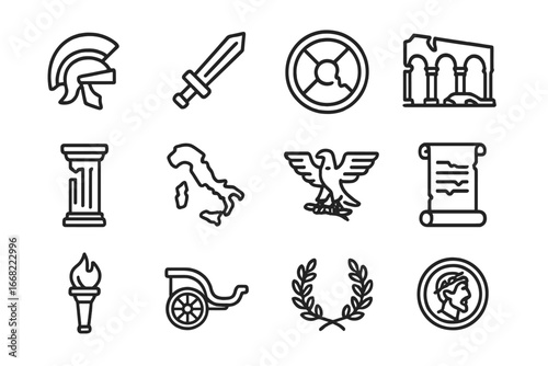 Roman Empire Icon Set. Outline icon set of the fall of the Roman Empire: helmet, sword, shield, ruins, column,