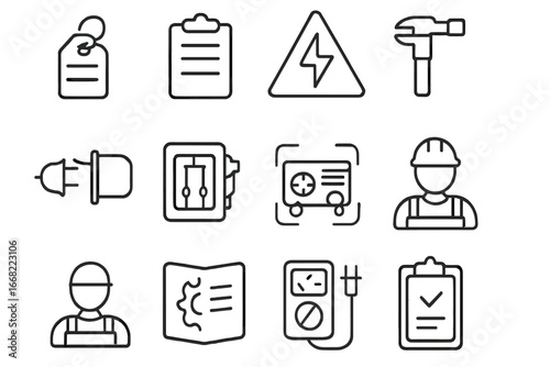 Maintenance Safety Icons. Outline vector icons of equipment maintenance and safety: inspection tag,