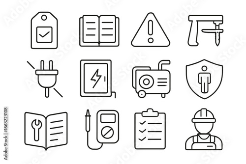 Maintenance Safety Icons. Outline vector icons of equipment maintenance and safety: inspection tag,