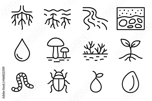 Roots and Water Icons. Outline icon set of root and water interaction: roots, groundwater, stream, soil layers