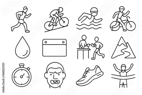 Endurance Sports Icons. Outline vector icons of endurance sports photos: marathon runner, cycling uphill,