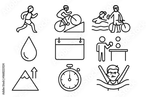 Endurance Sports Icons. Outline vector icons of endurance sports photos: marathon runner, cycling uphill,