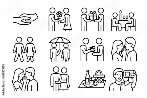 Romantic Gesture Icons. Outline icon set of romantic gestures: hand kiss, giving flowers, surprise gift,
