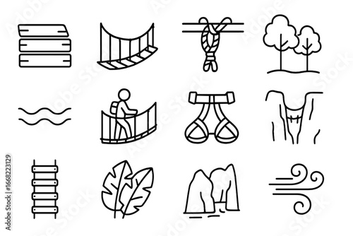 Rope Bridge Icon Set. Outline icon set of rope bridge: wooden planks, rope handrails, suspension knots, bridge